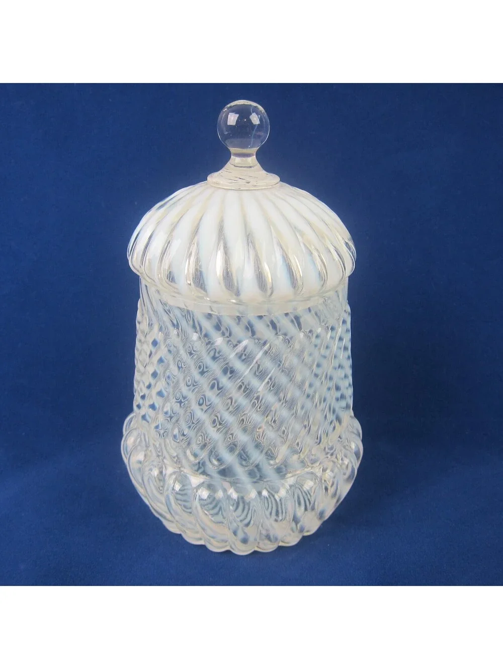 Antique Northwood Chrysanthemum Swirl Opalescent White Glass Jar with Lid RARE